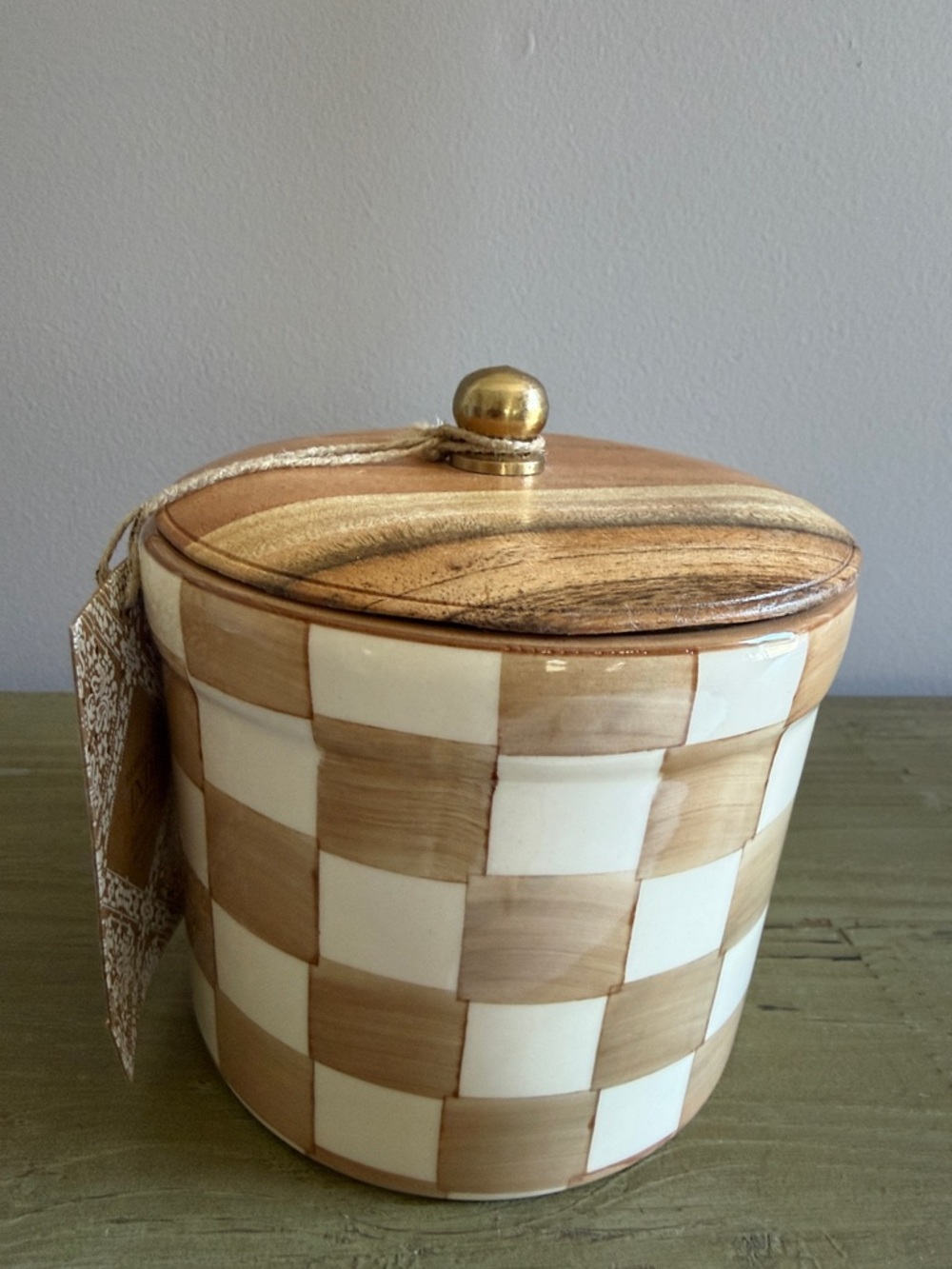 Mocha Check Ceramic Canister with Gold Knob Wooden Lid- White & Tan - Picture 2 of 7